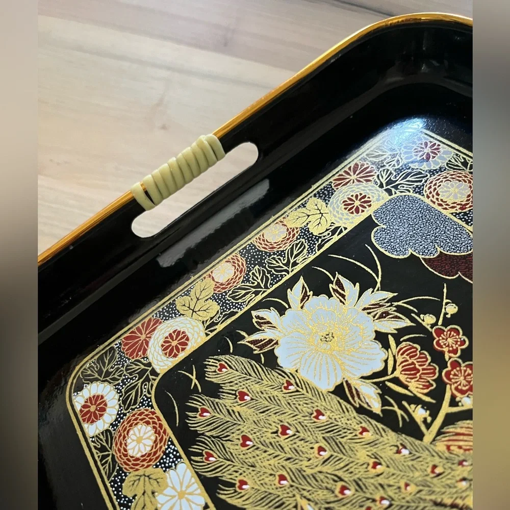 Vintage Japan lacquerware black gold peacock floral serving trays, set of two